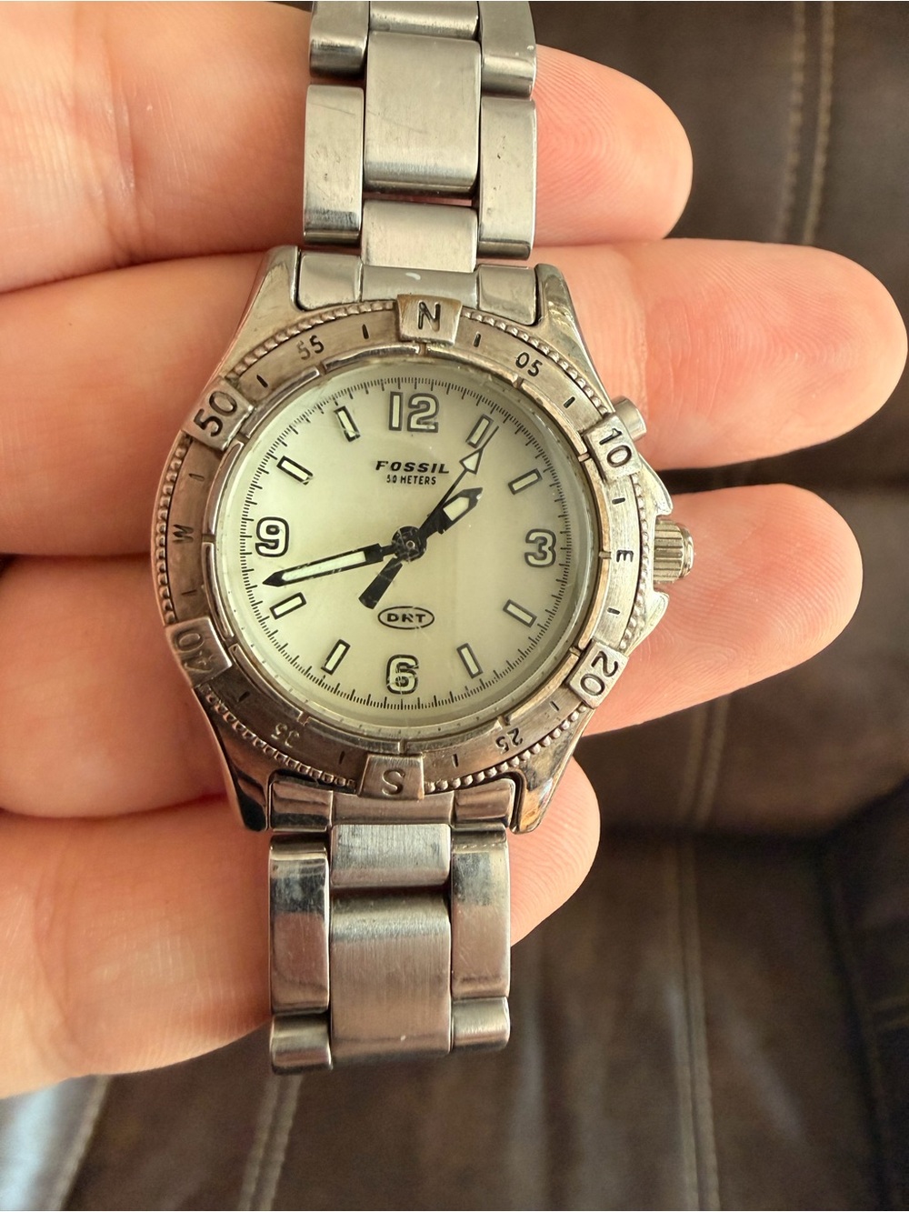 •FOSSIL• DRT Round Face Stainless Band Fold-Over Clasp Wrist Watch